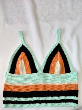 NWOT Sz S Zara Mint Green, Orange & Black Crochet Crop Top